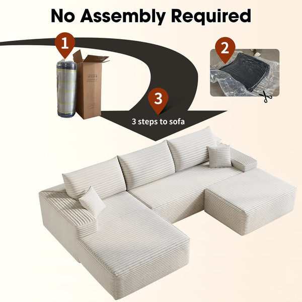 English Elm 107"Cloud Plush Corduroy Sectional Sofa with Ottoman No-Assembly Modular U-Shaped Deep Seat Comfort and Versatile Living Room Solution White W2824S00115