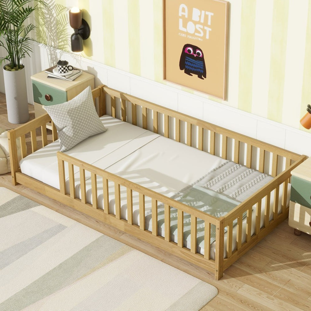 English Elm Twin Size Rubberwood Floor Bed with Safety Fence for Toddler Rooms Natural Finish W504P370528