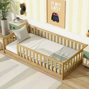 English Elm Twin Size Rubberwood Floor Bed with Safety Fence for Toddler Rooms Natural Finish W504P370528