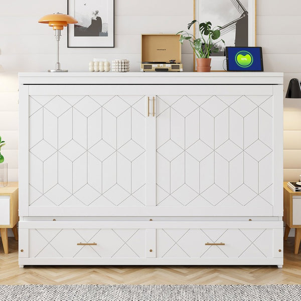 English Elm Queen Murphy Wall Bed Cabinet with Storage Drawer Built-in Power Outlets Usb Ports White LP000400AAK-1