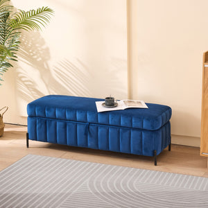English Elm 49.21" Wide Velvet Upholstered Storage Bench with Lift Top and Slim Metal Legs Navy W3118P272644