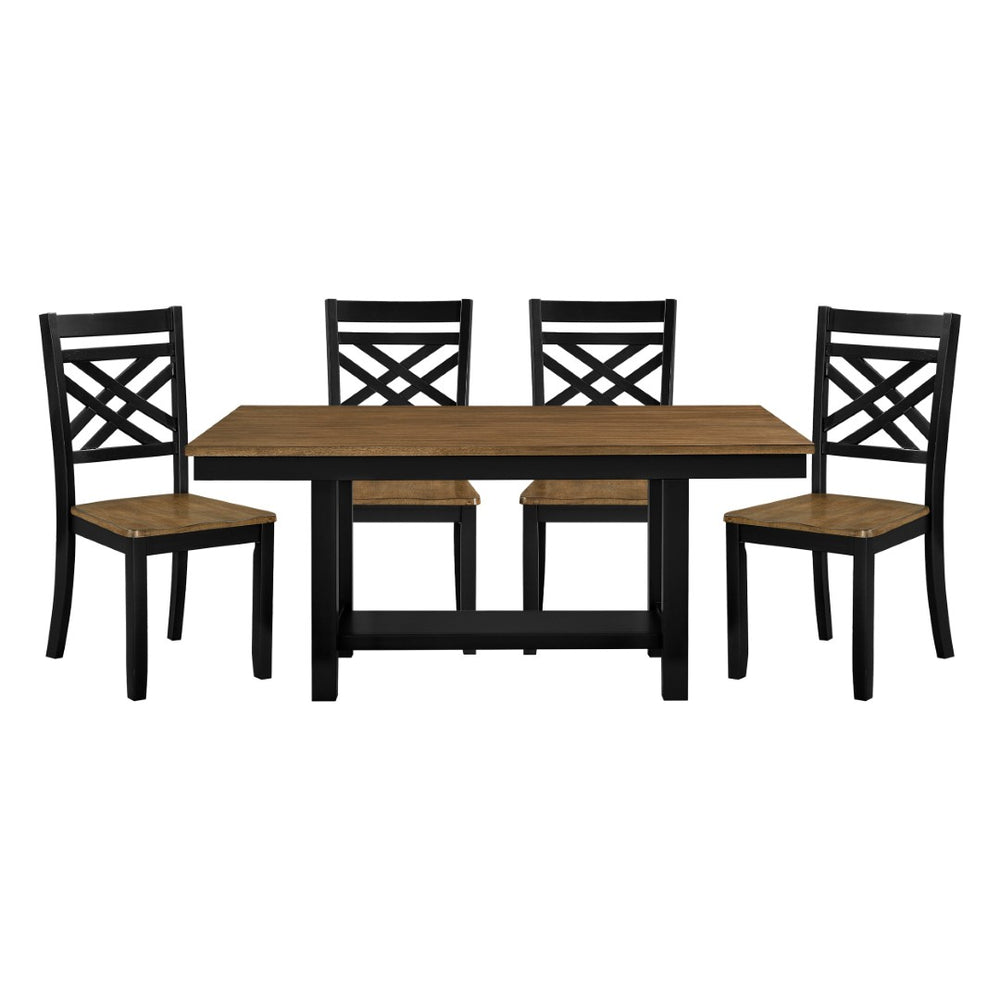 English Elm 2-tone Farmhouse Dining Set Seats Four with X-back Chairs and Trestle Storage Base B011S02211