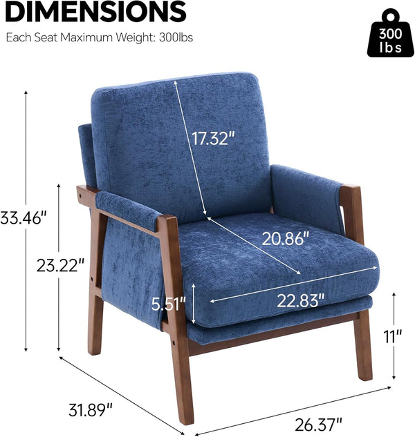 English Elm Mid-Century Solid Wood Accent Chair with Chenille Upholstery, Ergonomic Waist Support, Sturdy 300lb Capacity Navy T3903P372380