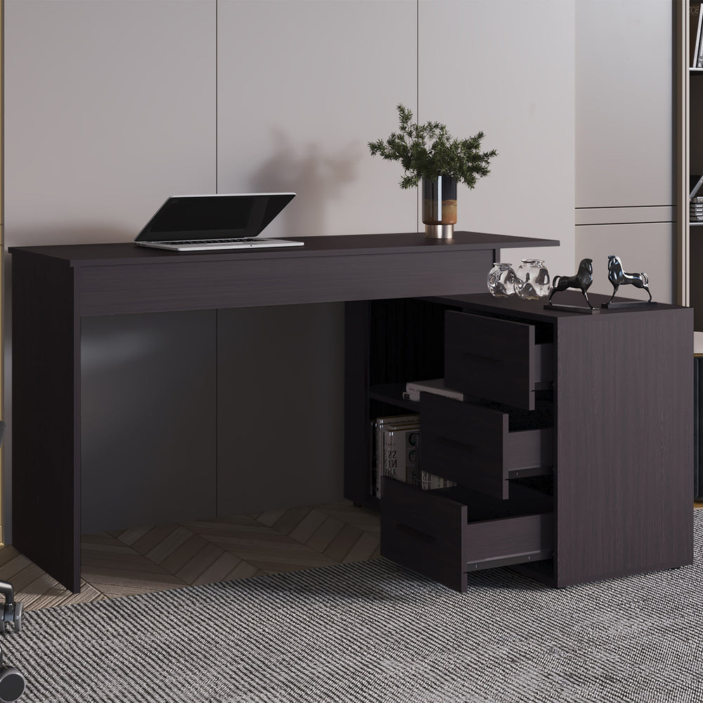 English Elm Wenge L-Shape Desk with 3 Drawers, Spacious Under-Desk Storage, Durable Melamine Finish for Office Elegance B062P380086