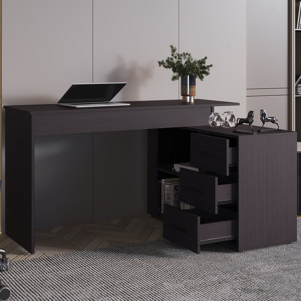 English Elm Wenge L-Shape Desk with 3 Drawers, Spacious Under-Desk Storage, Durable Melamine Finish for Office Elegance B062P380086