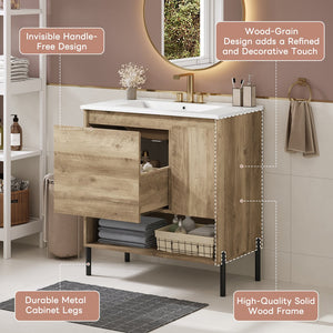 English Elm 30" Modern Wood Bathroom Vanity with Ceramic Sink, Soft-Close Door, Drawer Dividers & Open Shelf N710P247136P