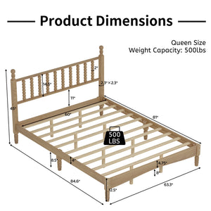 English Elm Queen Wood Platform Bed with Gourd-Shaped Headboard, Retro-Inspired Solid Frame, Slat Support, Sturdy Elegance Natural 64.8 L x 17.5 W x 9.5 H N733P206242M