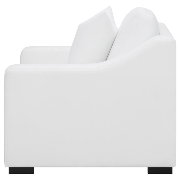 English Elm Chelan White Fabric Accent Chair with Sloped Arms Boxed Cushions and Cappuccino Wood Legs B062P440261
