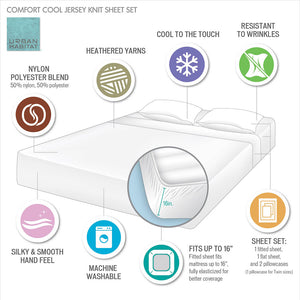 JLA Home Urban Habitat - Nylon Jersey Knit Sheet Set — Breathable, Silky-Smooth 50/50 Nylon-Poly Blend, Wrinkle-Resistant, Fits 16" Mattresses Grey UH20-2462