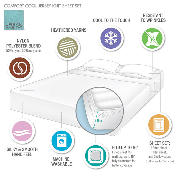 JLA Home Urban Habitat - Nylon Jersey Knit Sheet Set — Breathable, Silky-Smooth 50/50 Nylon-Poly Blend, Wrinkle-Resistant, Fits 16" Mattresses Grey UH20-2462