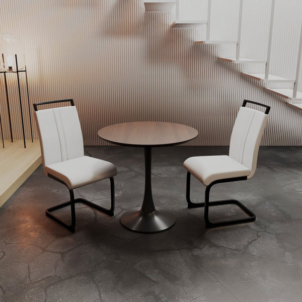 English Elm 31.5" Walnut Tulip Dining Table Set For 2-4, Modern Round Table With White Pu Chairs & Black Legs W2189S00641