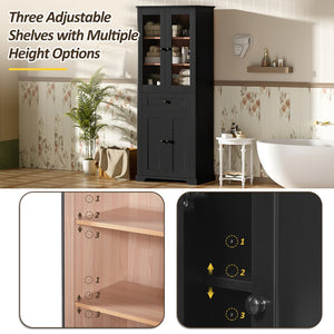 English Elm 67.2" Tall Bathroom Storage Cabinet with Tempered Glass Doors, Adjustable Shelves, Soft-Close Hinges and Anti-Tip Safety Black N729P310006B