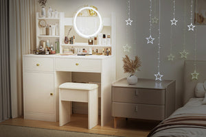 English Elm Fashion Vanity Desk With Adjustable Led Mirror & Cushioned Chair - Elegant, Organized, White Set W2699P214618
