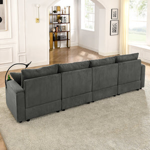 English Elm L-Shaped 4-Seat Corduroy Sofa With Ottoman & Storage, Deep Seat, Cup Holders, Modern Grey Comfort W1117S00216