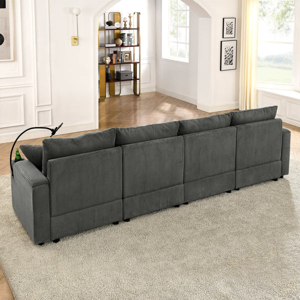English Elm L-Shaped 4-Seat Corduroy Sofa With Ottoman & Storage, Deep Seat, Cup Holders, Modern Grey Comfort W1117S00216