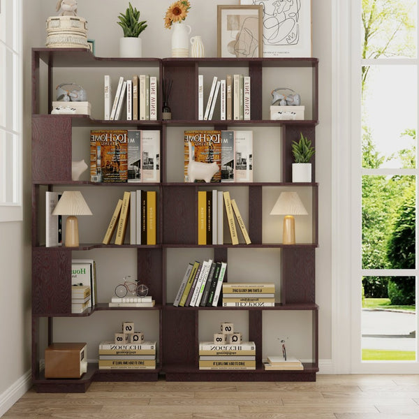 English Elm Set of 2 Modular Corner Bookcases L Shaped and I Space Saving Home Office Shelving Ox Blood Red W2899S00002