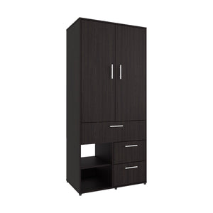 English Elm Armoire with Built-In Mirror and Ample Storage — 4 Doors, 2 Drawers, 4 Shelves, Eco-Friendly Finish Black 74.02 L x 24.8 W x 3.54 H B097S00215