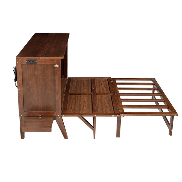 English Elm Full Size Pine Cabinet Murphy Bed with Usb Charging Side Shelves for Guest Rooms W504S00221
