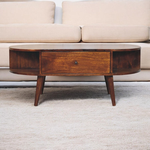 English Elm Solid Wood Chestnut Oval Coffee Table With Sleek Nordic Legs & Hidden Storage For Modern Living Spaces B182P279291-GIGA