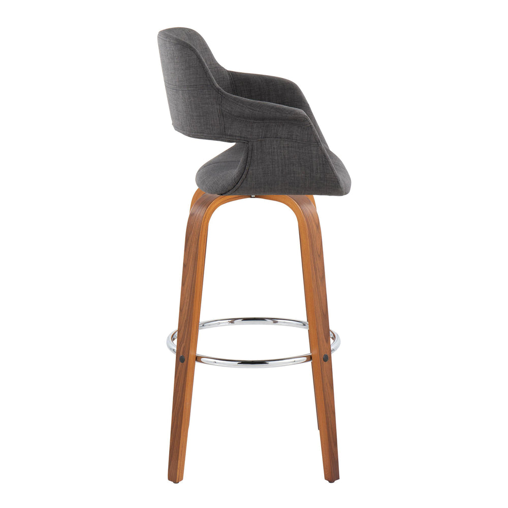 English Elm Vintage 30" Mid-Century Barstool Set of 2 - 360° Swivel, Walnut Bent Wood Legs, Charcoal Fabric, Chrome Footrest B202S00716