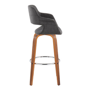 English Elm Vintage 30" Mid-Century Barstool Set of 2 - 360° Swivel, Walnut Bent Wood Legs, Charcoal Fabric, Chrome Footrest B202S00716