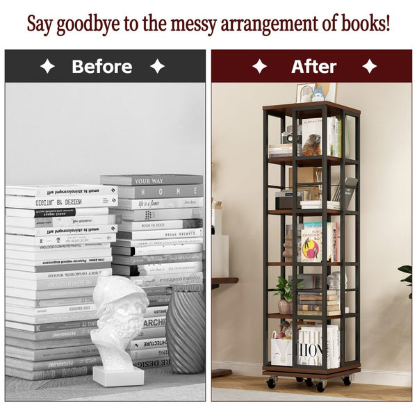 English Elm 5 Tier Rotating Corner Bookcase Rustic Brown Steel Wood Spinning Floor Shelf W2641P399191