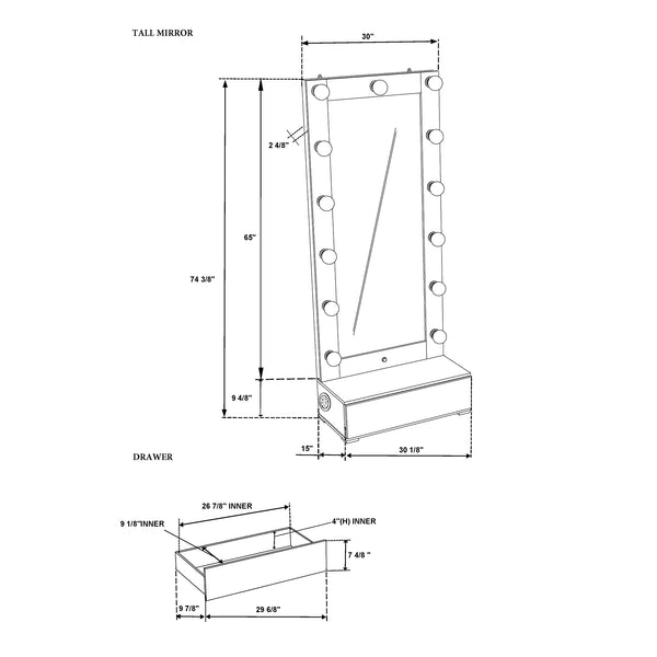 English Elm Lorena Grey Floor Mirror with LED, Built‑in Speaker & Drawer — Solid Wood/MDF, Space‑Saving Style B201S00442