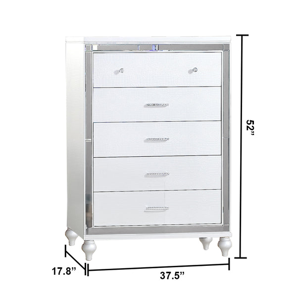 English Elm Sterling 5-Drawer White Wood Chest with Mirror Frame, Metallic Finish, Sleek Handles, Stylish Legs G150108472