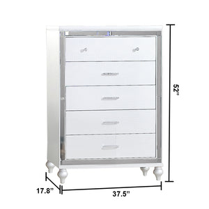 English Elm Sterling Mirror-Framed 5-Drawer Chest in White Wood Finish — Metallic Accents, Ample Storage, Chic Legs 808857981936