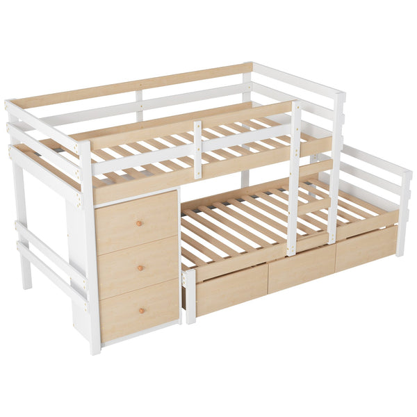 English Elm Twin Loft Bunk Bed with Built-In Drawers and Ladder, Space-Saving Twin over Twin Pine MDF Design Natural GX000424AAN