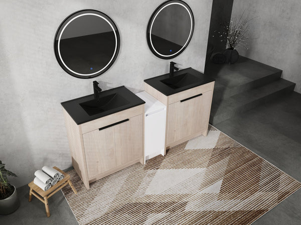 English Elm 72 Inch Freestanding Bathroom Vanity Set With Black Ceramic Sinks, Soft-Close Doors & Storage Solutions W999S00319