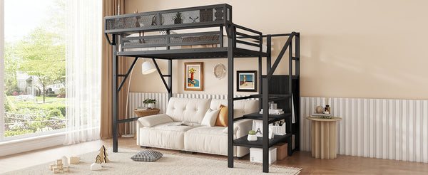 English Elm Twin Twin Size Loft Bed with Stairs and Built-In Shelves, Metal High Loft with Wardrobe for Kids Teens Black W2580S00035