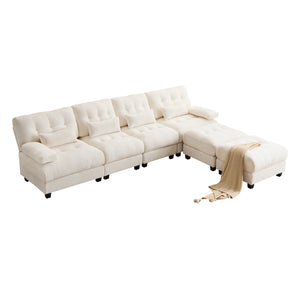 English Elm 119" 4-Seater Sofa with 2 Ottomans - Adjustable 4-Position Backs, 350lb Seats, Soft Chenille, Pillows Beige W2606S00036