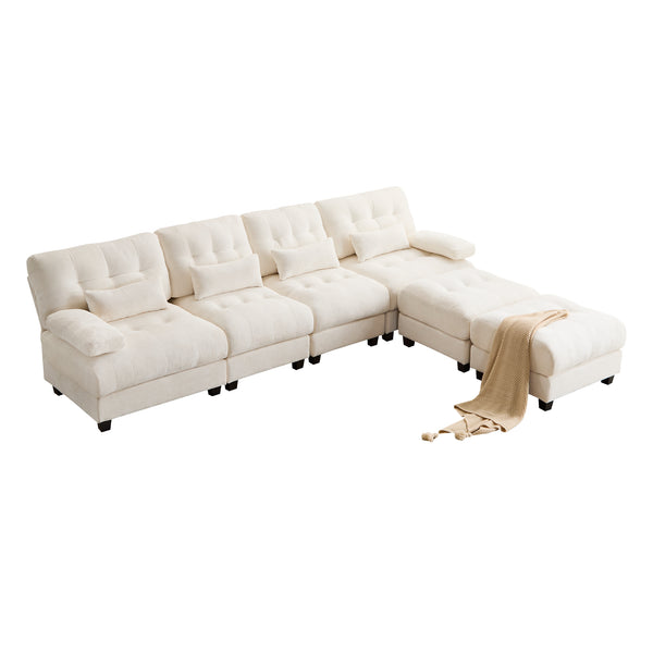 English Elm 119" 4-Seater Sofa with 2 Ottomans - Adjustable 4-Position Backs, 350lb Seats, Soft Chenille, Pillows Beige W2606S00036