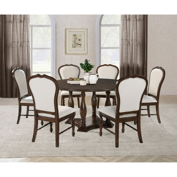 English Elm Claire Colonial Round Dining Set Seats Six with Upholstered Chairs in Warm Brown B062S01845