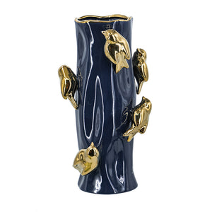 English Elm 8x8x15.5" Blue Ceramic Tree Trunk Vase with Navy Glaze and Gold Bird Accents for Luxe Décor W2078P390453