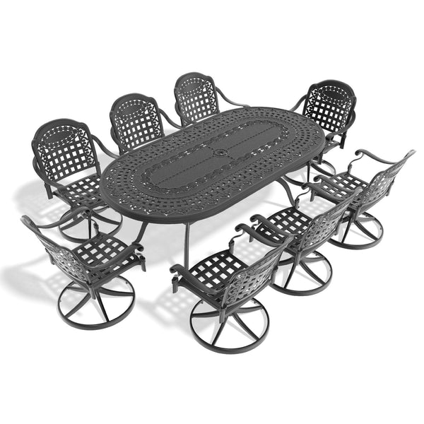 English Elm 9-Piece Outdoor Dining Set With 8 Swivel Chairs & Oval Table - All-Weather Cast Aluminum, Black Finish W1710S00360