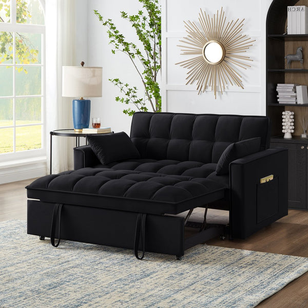 English Elm 4 Loveseat Sofa Bed with Storage Pockets & Armrests, Convertible Pull-Out Sleeper with Wheels, Tufted Comfort and Durable Frame for Small Spaces Black W2186P166127