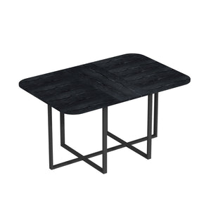 English Elm Black Wood Grain Rectangular Table with Six White Pu Upholstered Chairs Modern Set W3875S00094