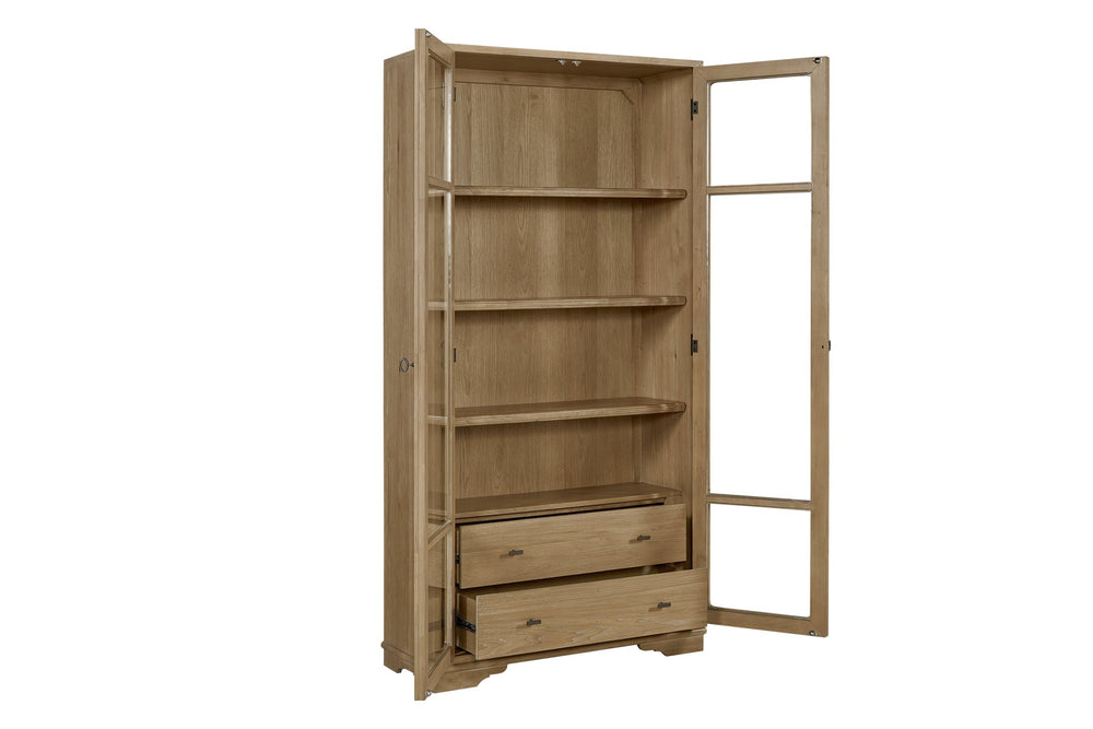 English Elm Tall Display Cabinet with Glass Doors and Drawers, Cashew Hickory Veneer for Elegant Storage & Décor Light Tan 43.5 L x 20 W x 85 H B2699P383821