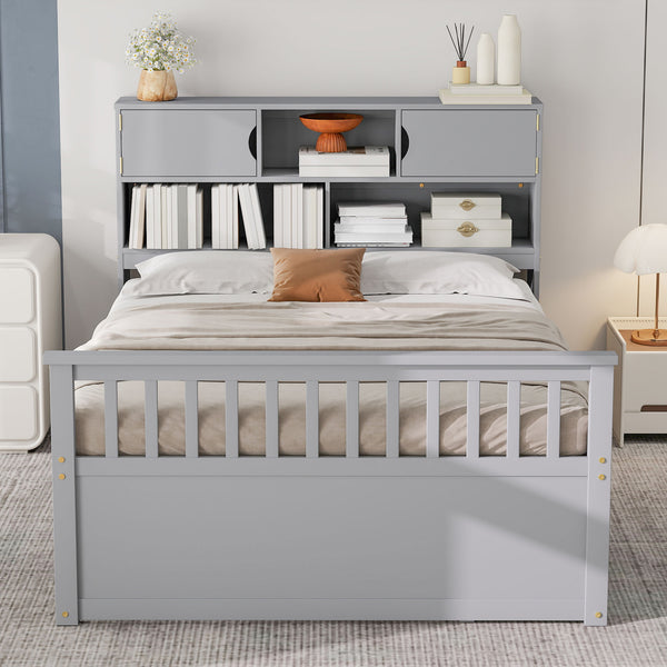 English Elm Full Size Captain Platform Bed Frame With Storage, Bookcase Headboard & Configurable Drawers, Gray N7090000473E