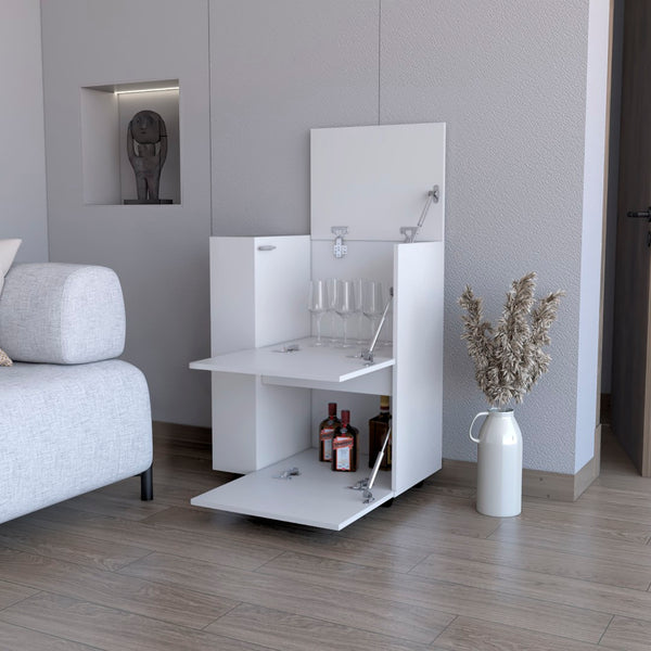 English Elm Fm Furniture Logan Rolling White Bar Cart with Open Shelves and Concealed Cabinet Storage B128P321070