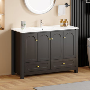 English Elm 48" Matte Black Bathroom Vanity with Ceramic Sink Soft Close Doors and Drawers W3133S00011