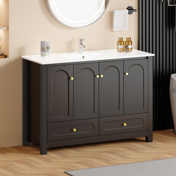 English Elm 48" Matte Black Bathroom Vanity with Ceramic Sink Soft Close Doors and Drawers W3133S00011