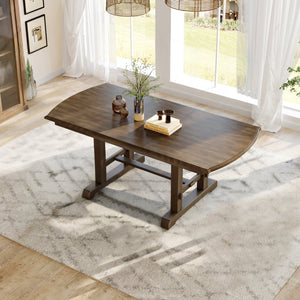 English Elm 60"-78" Extendable Dining Table with Removable Leaf, Solid Wood Farmhouse Kitchen Table for 4-8 Guests, Durable Finish and Easy Care Guidance Brown N752P271802D