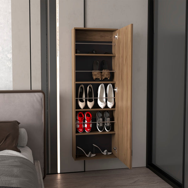 English Elm Wall 54" Mirrored Shoe Rack Cabinet – Natural Wood Wall-Mounted Organizer, 5 Shelves, 10-Pair Capacity, Eco-Friendly Warranty B097P296808