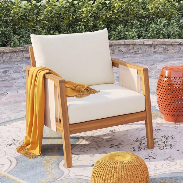 English Elm Outdoor Acacia Wood Club Chair Uv Resistant Textilene Weave Lounge Seat for Patio Deck Brown,Teak+ Beige N768P368823T