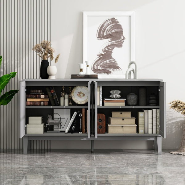 English Elm 4 Door Sideboard Buffet with Hand Carved Geometric Panels Black Oak Finish Raised Legs W688P359831