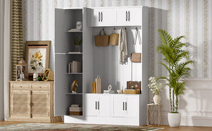 English Elm VIBE Modern 79" Hall Tree with 6 Cabinets, Bench Seating, Adjustable Shelf & 4 Metal Hooks for Entryway White SJ000148AAK
