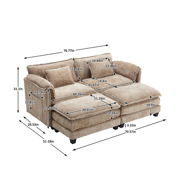 English Elm United Cozy Two-Seat Chenille Sofa With Detachable Armrests, Footstools, And Side Pockets For Storage W1568S00138-GIGA